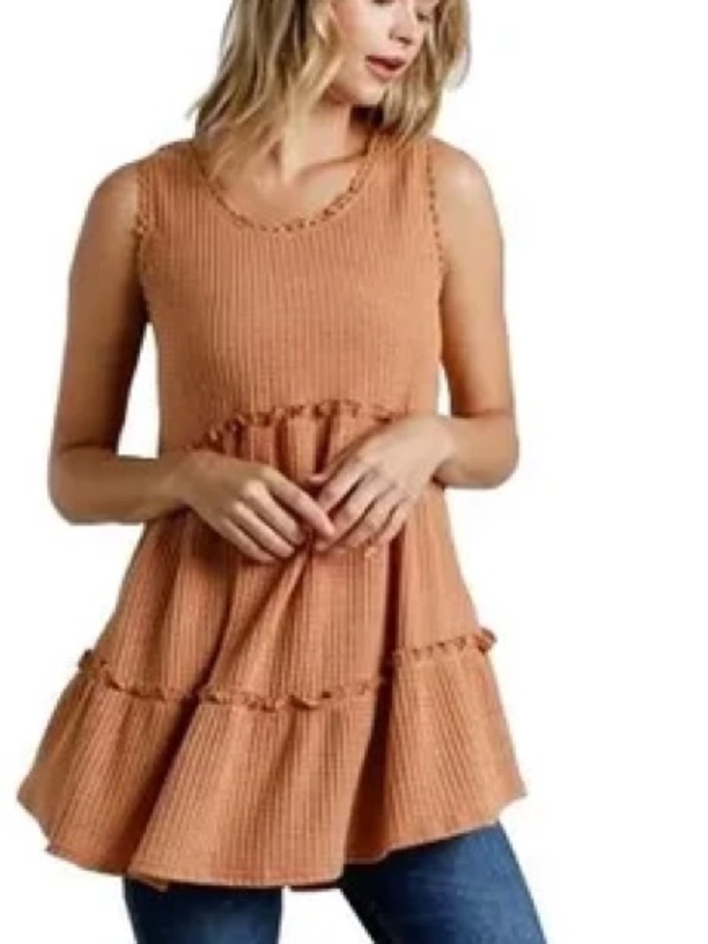 UMGEE Waffle Knit Ruffled Tiered Tank Top - Rust